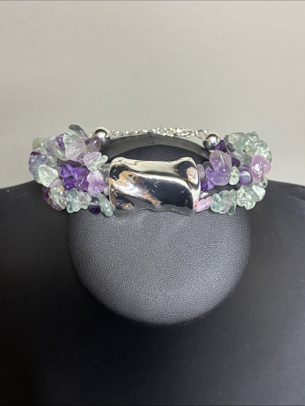 Flourite Multi Wrap Chip Bead Silver Tone Feminine Bracelet